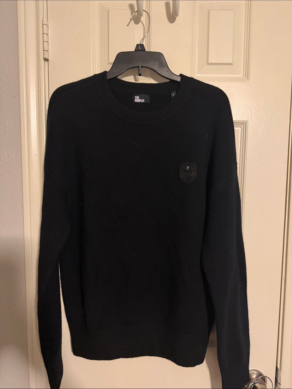 The Kooples Black Crewneck Sweater with Embroidered Crest Patch